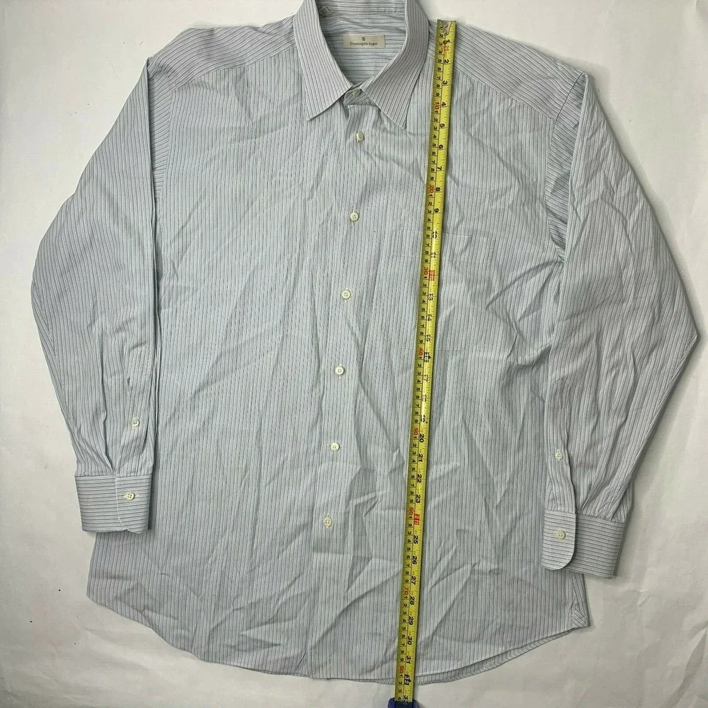 Ermenegildo‎ Zanga Mens 42 16.5 Button Front Shirt Blue Striped Long Sleeve